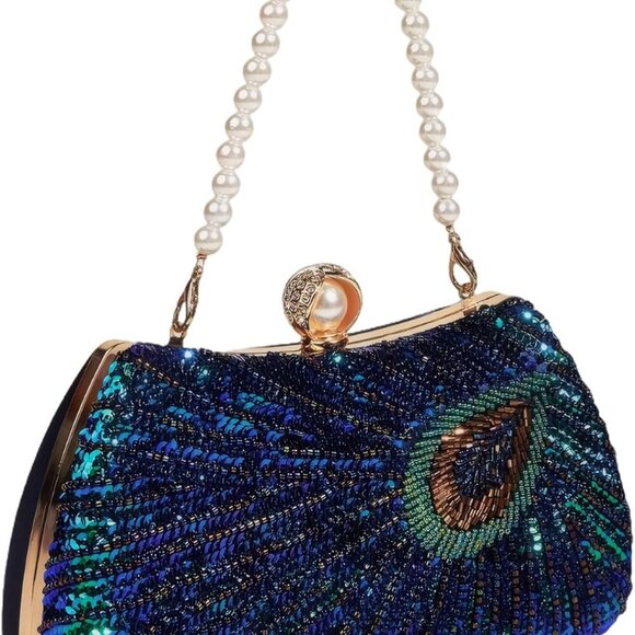 Women's Sequin Beaded Peacock Evening Clutch Purse Pearl Chain Vintage Handbag - Picture 2 of 7